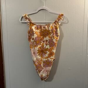 Kona Sol One Piece Swimsuit Womens Small Yellow Floral EUC Ruffle Tie Back Retro